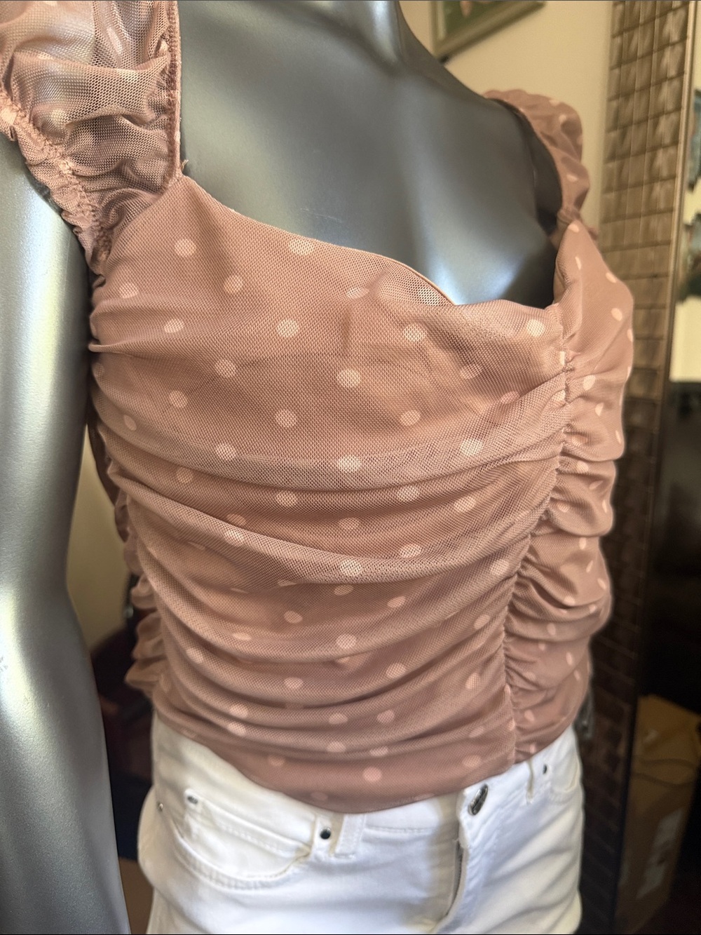 Zara Mauve Polka Dot Ruched Crop Top